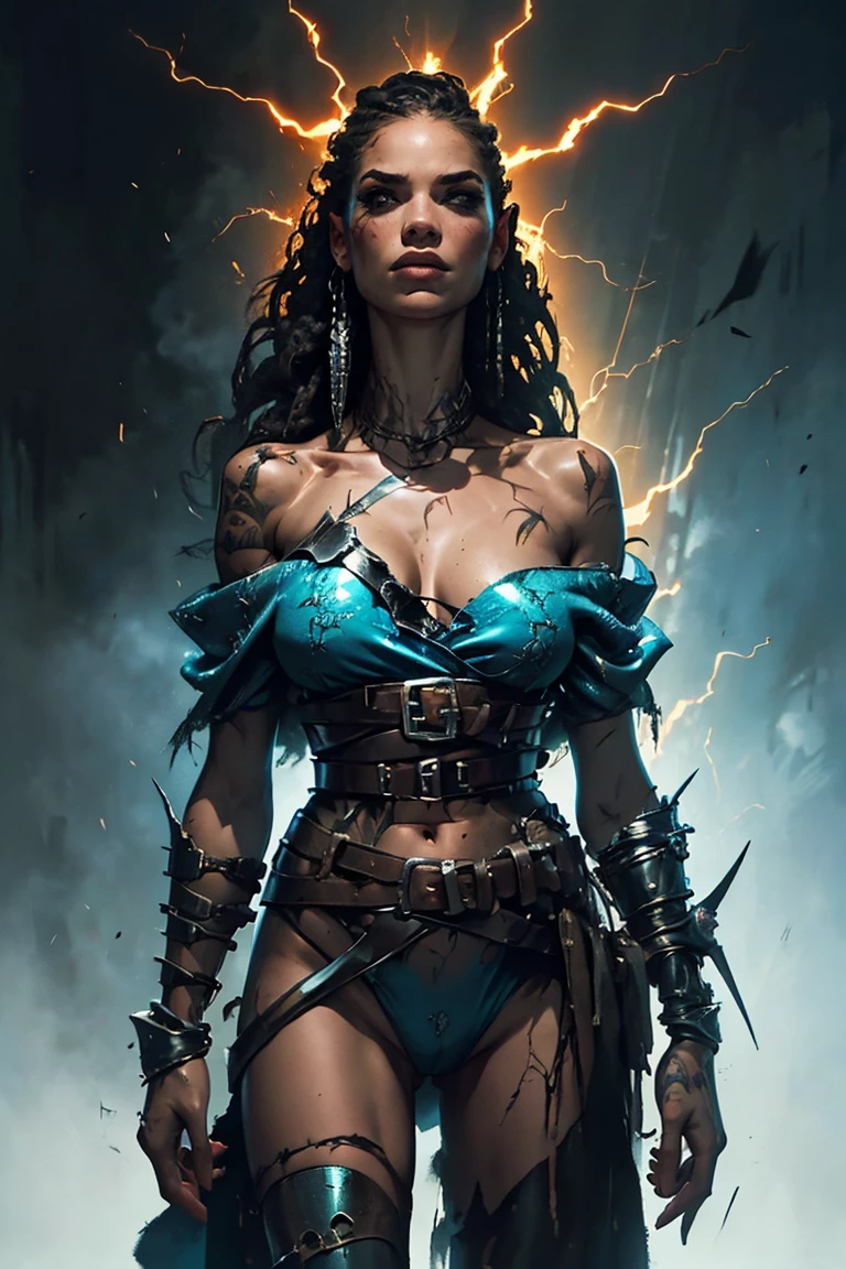 a young woman from the early 18th century based on Michelle Rodriguez, dungeons and Dragons 5th edition fantasy illustration, highly detailed cinematic fantasy portrait, black outlining, full color illustration, in the style of BORIS VALLEJO & JULIE BELL, masterpiece, 8k, ultra-detailed, physically-based rendering, vivid colors, dramatic lighting, intricate background, fantasy, photorealistic
