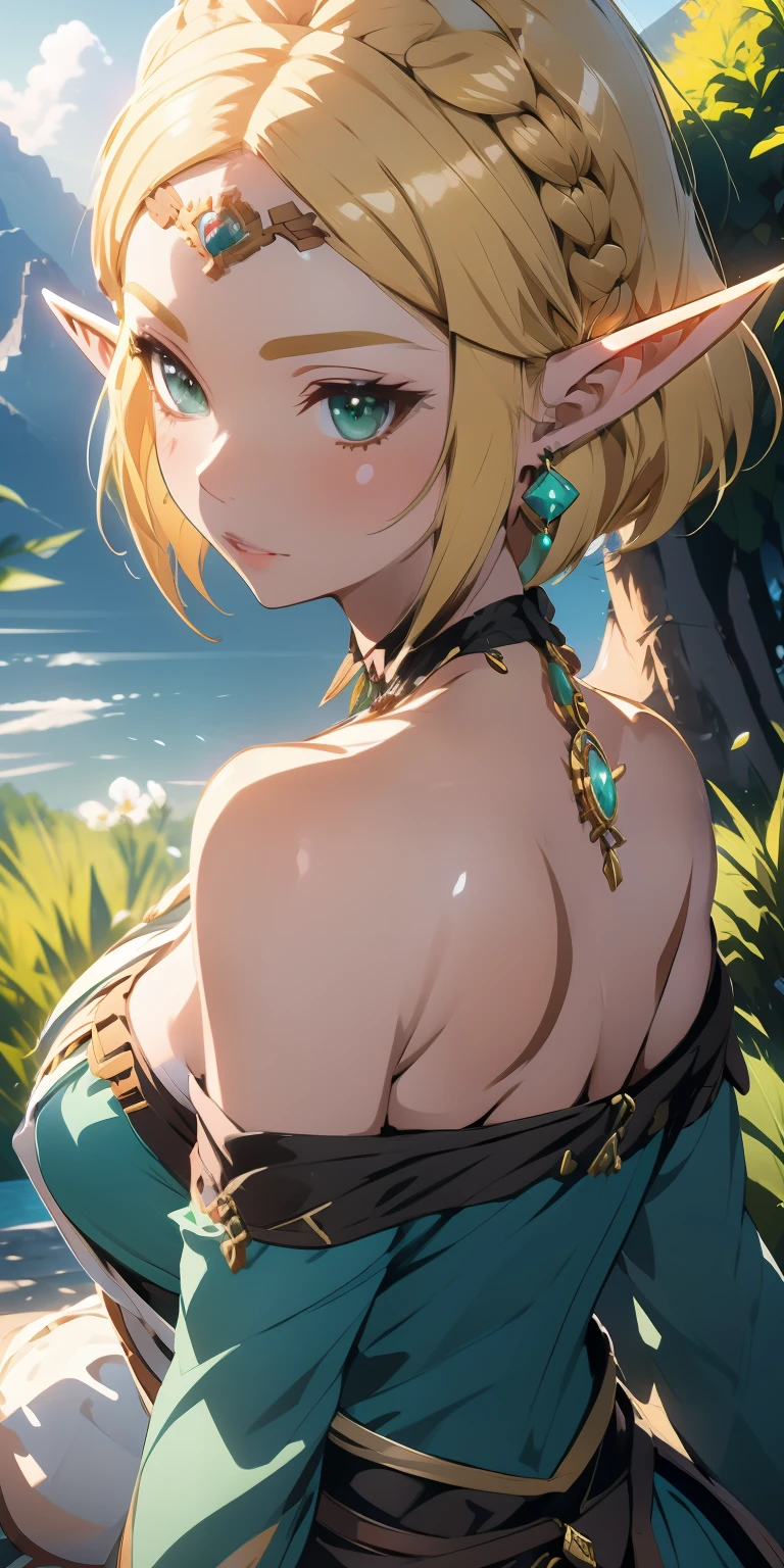 extreme quality, cg, detailed face+eyes, playful smile, (bright colors), (anime), 1woman, Milf, 30 years old, impact, (Voluptuous:1.3), goddess, time stop, fantasy, (Elf), (big breast:1.4), pointed ears, beautiful jewels, clouds, long curly ash blonde hair, (soft headband), masterpiece, top tier, extravagant, 8k, unity wallpaper, unreal engine 5, ray tracing, 8k, cinematic, varied depth of field, octane render, elegant, tone mapping, hyper-focus, parted lips, arms behind back, dappled sunlight, (spring), nature, princess dress, upper body photo, (morning glow), Curvaceous, (mint green eyes), horizon, picturesque scenery, deep cleavage, trees, looking at the viewer lovingly, (forest), 