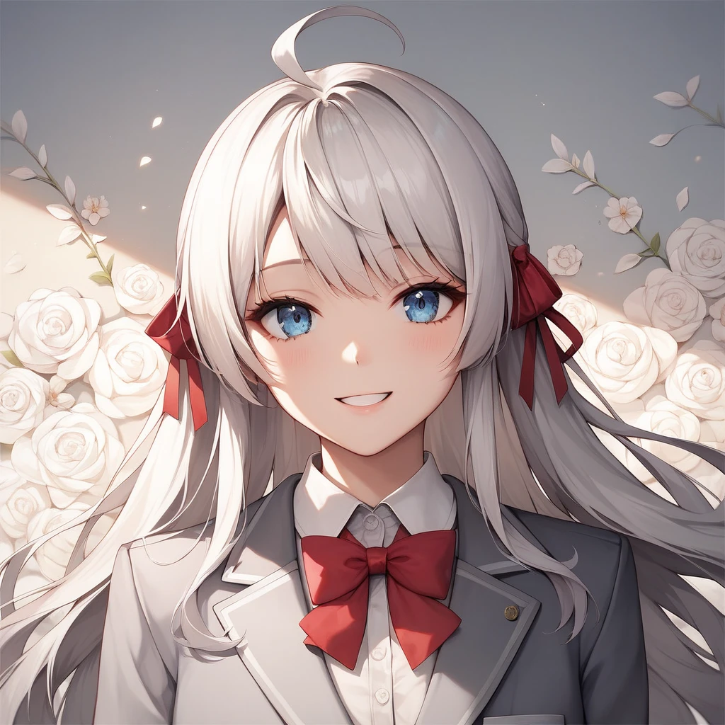 (  Masterpiece ),( best quality),( ultra detail),( best illustration),( Best Shadow ),( absurd),( detailed background),( Very Aesthetic ), Aria(Rosidere),  white hair ,  long hair, bangs,  blue eyes,   hair bow , Ahoge,  red ribbon ,  skirt,  shirt,  Long Sleeve , bow, ,  jacket, white  shirt, pleated  skirt, collared  shirt, bowtie, black  skirt, red bow, red bowtie,  blazer, grey  blazer,  Long Sleeve , Upper body view,  cross your arms, smile,