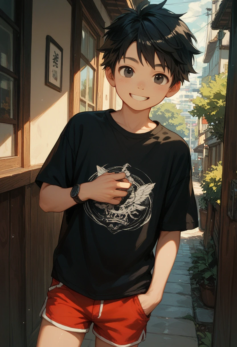 a japanese  boy,black hair,black eyes,t shirt,short pants,smiling,