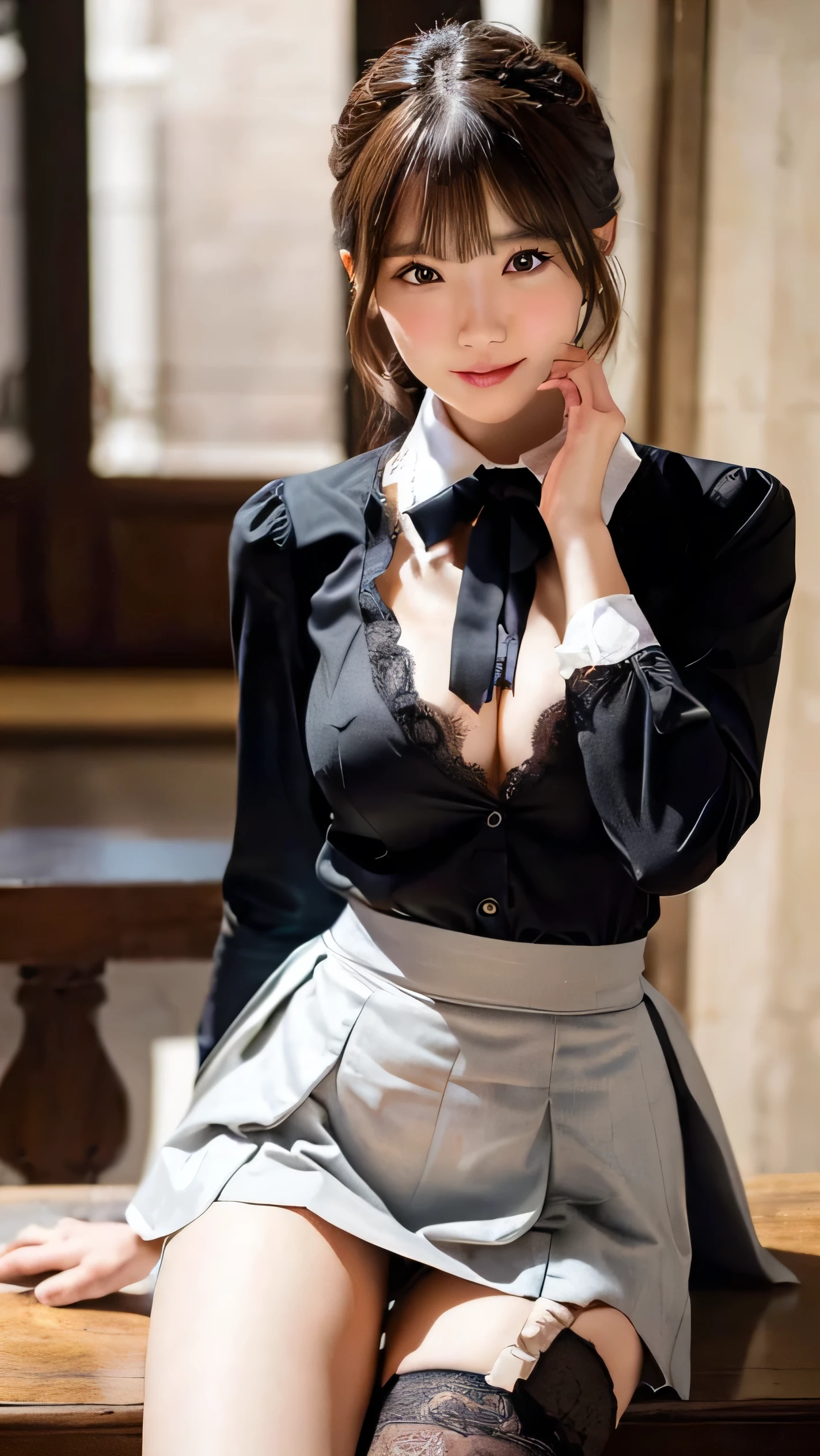 a beautiful, smiling woman, wearing a sailor suit with a pleated micro skirt, Japanese lolita style, cleavage, fair skin, short hair, medium breasts, in an old school live room, small and thin, (best quality, 4k, 8k , high resolution, masterpiece : 1.2), ultra-detailed, (realistic, photorealistic, photorealistic: 1.37), highly detailed anime girl, incredibly detailed portrait, exquisite details, delicate facial features, perfectly shaded and textured, cinematic lighting , vibrant colors, soft pastel colors, natural skin tones, elegant school uniform, pleated skirt, lace trim, intricate embroidery, photographic