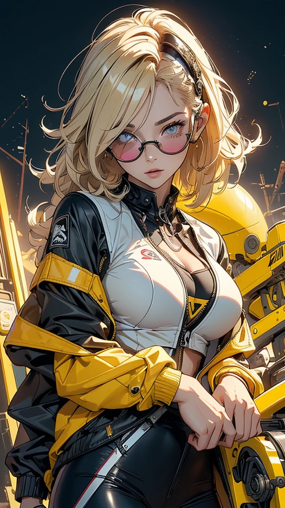 ((Best quality)), ((masterpiece)), (detailed: 1.4), (Absurd), Female fighter pilot (Charlize Theron), ready for war, muscular sculptural body defined, half-thick bare thighs, mouth closed, very tanned and shiny skin, only in panties, muscular body covered by technological clothing, Neon Genesis Evangelion style, cyberpunk, generous neckline, ((perfect large breasts)), (brown eyes without pupils), ((black clothing, dark green and yellow)), (((clothing based on the South African flag)))), ((((blonde Rastafarian hair)))), ((splashes of paint on clothing)), long eyelashes, short underwear, garter belt, skin glove and leopard claws, by mucha, niji --V5, close to real, psychopathic, crazy face, sexy pose, background with a giant Gundam-style robot head, 2 piece clothing, shoulder pads, airplane wings on the back, pastel, centered, scale to fit dimensions, HDR (High Dynamic Range),Ray Tracing,NVIDIA RTX,Super-Resolution,Unreal 5,Subsurface dispersion, PBR texture, Post-processing, Anisotropic filtering, Depth of field, Maximum clarity and sharpness, Multilayer textures, Albedo and specular maps, Surface shading, Accurate simulation of light-material interaction, Perfect proportions, Octane Render, Two-tone lighting, Wide aperture, Low ISO, White balance, Rule of thirds, 8K RAW, crysisnanosuit