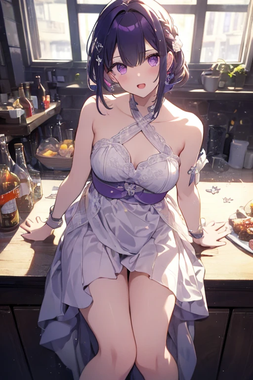 masterpiece, best quality, very aesthetic, absurdres, 1girl, mature_lady,naked_shirt,butterfly covered tit,maple(bofuri),bofuri, 1girl, medium hair, ahoge, purple eyes, hair ornament,,in a restaurant,floating droplets of water,
