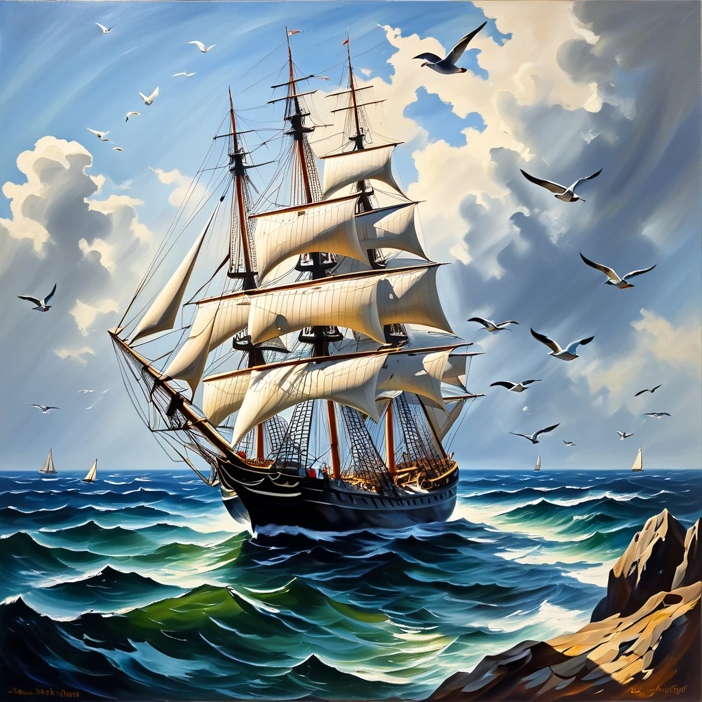 The theme is "shadows of flying birds", artwork, oil painting, rough touch, sailing ship sailing on the ocean, flocks of seagulls flying above the sailing ship, the shadows of seagulls reflected on the sailing ship, bird's-eye view, painted from the perspective of seagulls, masterpiece