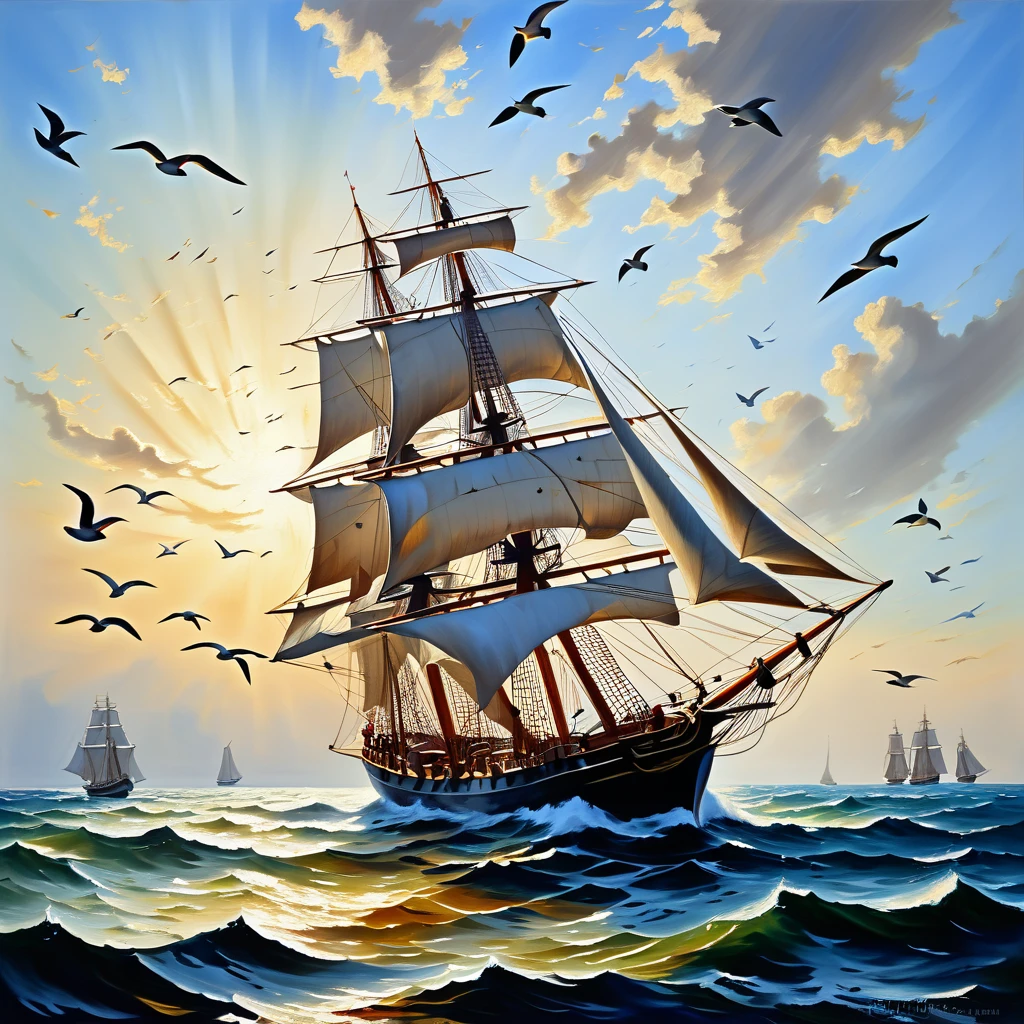 The theme is "shadows of flying birds", artwork, oil painting, rough touch, sailing ship sailing on the ocean, flocks of seagulls flying above the sailing ship, the shadows of seagulls reflected on the sailing ship, bird's-eye view, painted from the perspective of seagulls, masterpiece