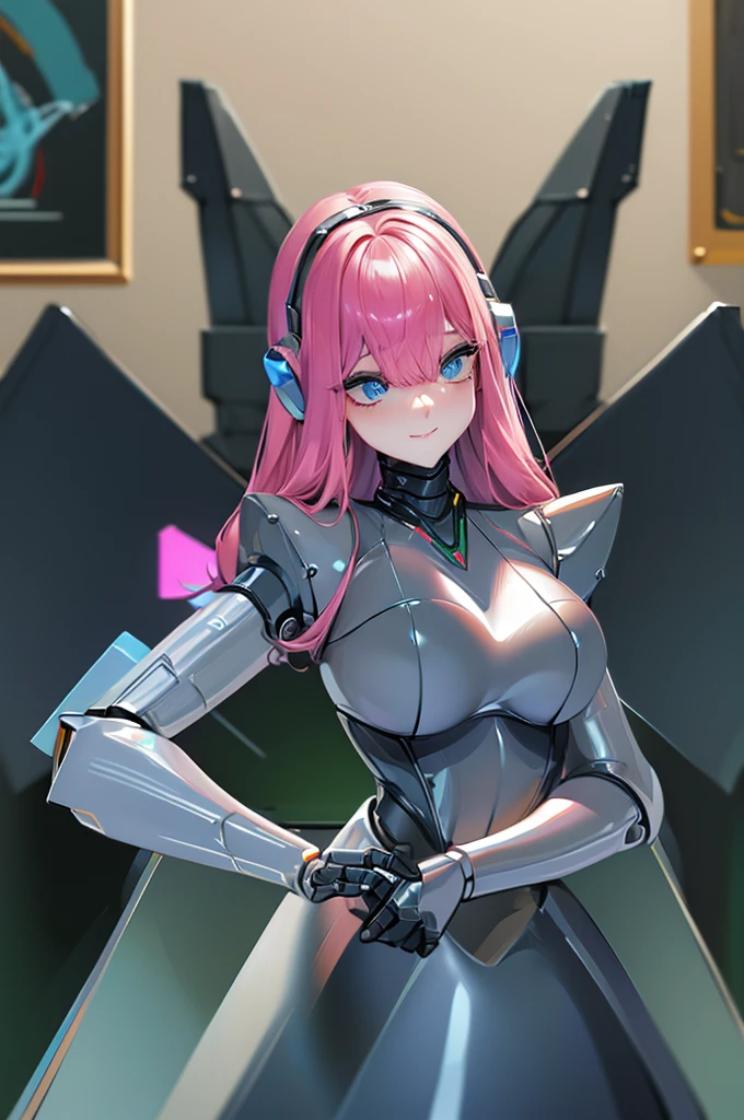 (masterpiece),(Highest quality),(Super detailed),(Best illustrations),(Best Shadow),(Absurd),(Detailed Background),(so beautiful), 16K, 8K, 4K,(Best Shadow),robotization,woman ,big bust,Robot Joint ,Metal skin,Black robot Suit,long hair,a black robot suit that covers the whole body,robot hand,cyber bodysuit,mecha head,(Detailed hands and fingers:1.2),Ball joint robot body,doll joint,beautiful face,beautiful robot girl,robotic eye,robotic hands,(no more human skin),android girl,cyborg girl,F cup, sexy body,(machine made joints:1.2),(machanical limbs:1.1),(blood vessels connected to tubes),(mechanical vertebra attaching to back),(mechanical cervial attaching to neck),no messy picture style,no emotion,tech control,black robot suit,maintenance,smile,antenna,high leg,leotard