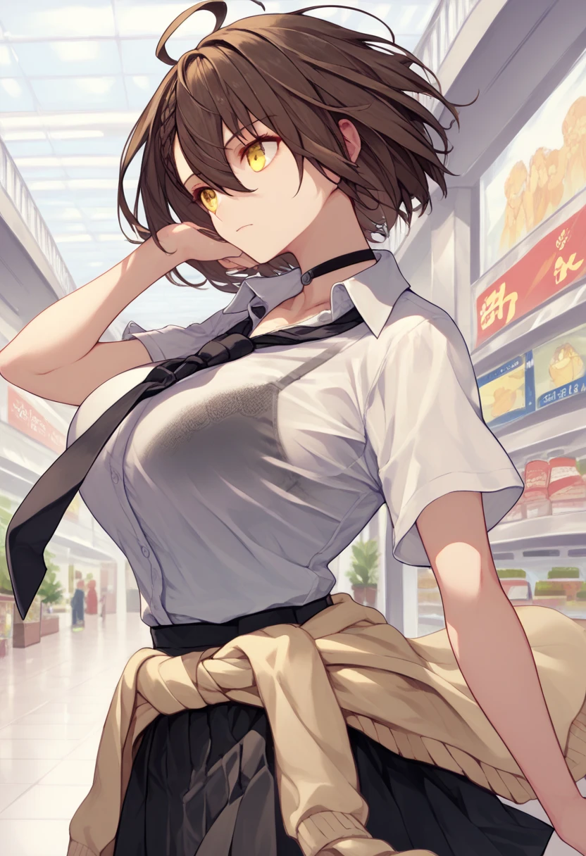 baltimore, <lyco:baltimore-LYCORIStest:1>,
baltimore, brown hair, (yellow eyes:1.5), braid, ahoge, short hair, french braid, hair between eyes, bob cut,
BREAK beige cardigan, beige sweater, black choker, black necktie, black skirt, cardigan, cardigan around waist, choker, clothes around waist, collared shirt, loose necktie, necktie, official alternate costume, school bag, shirt, shirt tucked in, short sleeves, skirt, sweater, sweater around waist, tied sweater, white shirt,
BREAK looking at viewer,
BREAK outdoors,
BREAK <lora:GoodHands-vanilla:1>, (masterpiece:1.2), best quality, high resolution, unity 8k wallpaper, (illustration:0.8), (beautiful detailed eyes:1.6), extremely detailed face, perfect lighting, extremely detailed CG, (perfect hands, perfect anatomy),