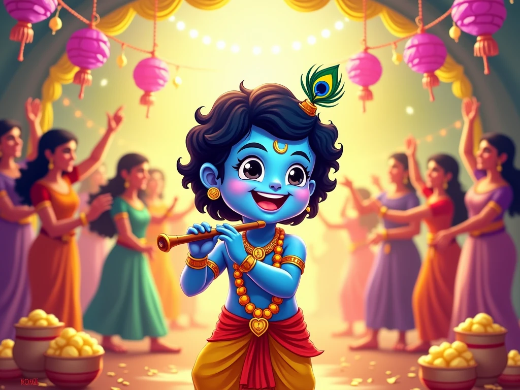 Blue Shree krishna stealing makhan through pot and ate it with purple light on his face by title ' Happy Janmastami ' with his friends  and crowd Happy Janamastami 