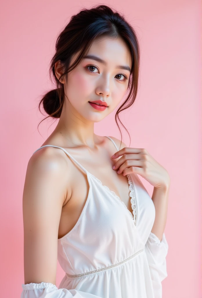 A young woman with fair, flawless skin, soft and elegant features, styled in a natural and minimalistic makeup look, wearing a flowing white dress with delicate straps. Her hair is styled in a neat updo with a few loose strands framing her face. She exudes a serene and graceful aura, posed with one hand gently touching her shoulder. The background is soft pastel pink, creating a dreamy and elegant atmosphere, studio lighting, high detail, professional photography.”