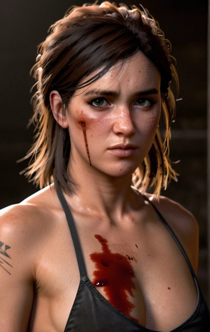 photo of ohxw, ellie, tattoo on left arm, woman, black jeans, close up, , medium length hair with a tuff, face details, low key lighting, blood on her face. Sexy face
Bikini