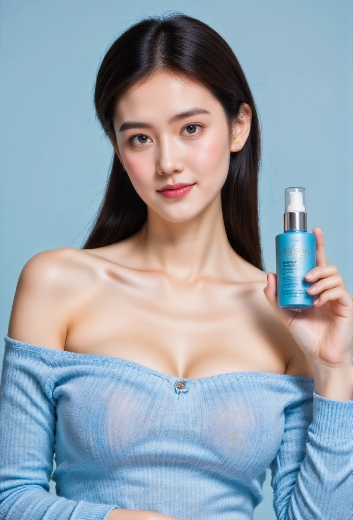 A young woman with a radiant and clear complexion, holding a blue skincare product bottle in her hand. She has sleek, straight dark hair and is wearing a soft blue sweater with one shoulder exposed, giving a casual and stylish look. She poses playfully, pointing with one finger while smiling softly. The background is a solid pastel blue, creating a clean, fresh, and professional atmosphere. Studio lighting, high detail, vibrant colors, perfect for modern beauty and skincare product campaigns.