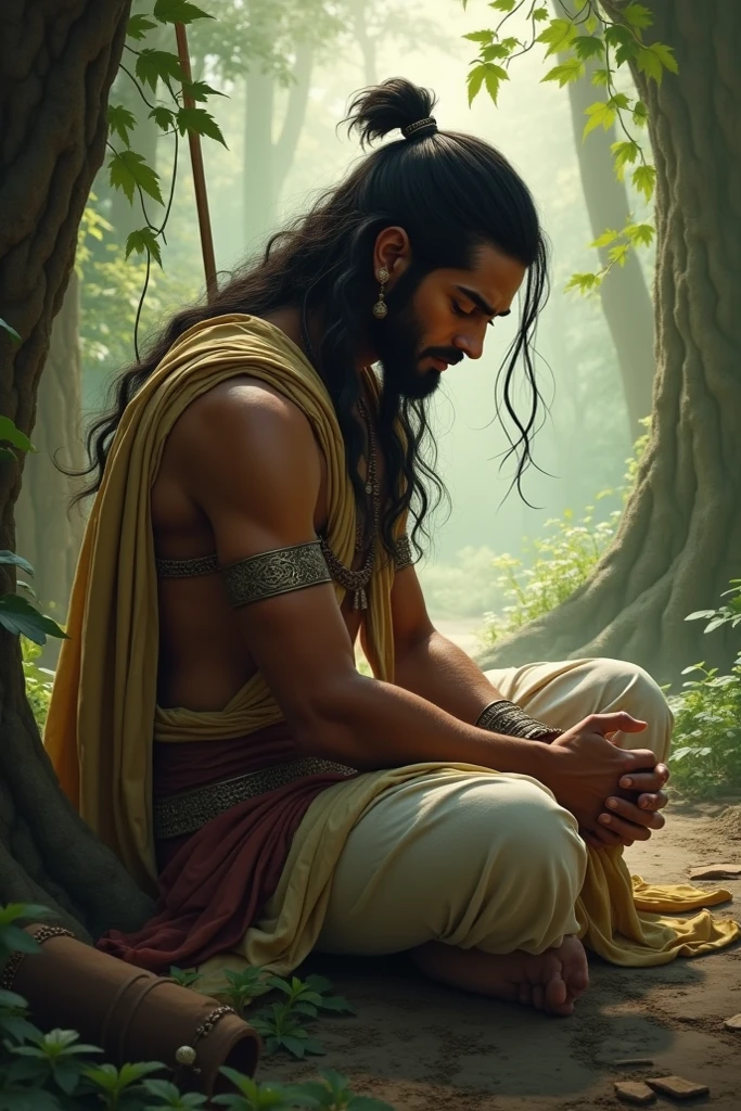 Arjuna in a contemplative pose, sitting down on his chariot with his bow and arrow placed beside him. His posture and face exhibit despair and inner conflict as he contemplates the battle ahead