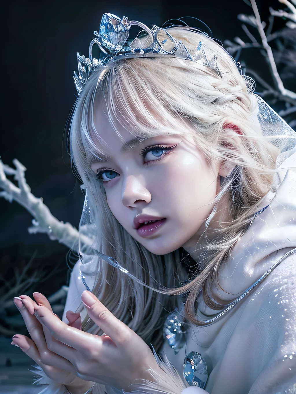 (best quality,4k,8k,highres,masterpiece:1.2),ultra-detailed,(realistic,photorealistic,photo-realistic:1.37),ice rime witch style,icy blue,sparkling snowflakes,frozen landscape,gown made of ice shards,mystical aura,magical ice crystals reflecting light,sharp and piercing gaze,frost-covered eyelashes,elegant and ethereal figure,ice crown on the head,delicate frost patterns on the skin,cold breath visible,icy gusts of wind swirling around,glowing ice magic in the hands,frozen branches reaching out,long silver hair shimmering like ice,eerie and haunting atmosphere,dark and mysterious forest background,moonlight casting an enchanting glow,aurora borealis dancing across the sky,alluring and powerful presence,subtle hints of ancient magic,unearthly beauty,glacial magic swirling around,crystal-clear ice palace,isolated and magical winter realm,frozen rivers and lakes,icy crystals forming intricate patterns,hooded cape flowing in the wind,elegant and graceful movements,icy spikes forming a protective barrier,snow-covered footsteps leading to the unknown,deep blue eyes shining with wisdom and power,chilling yet mesmerizing persona.(best quality,4k,8k,highres,masterpiece:1.2),ultra-detailed,(realistic,photorealistic,photo-realistic:1.37),ice rime witch style,icy blue eye,sparkling snowflakes,frozen landscape,gown made of ice shards,mystical aura,magical ice crystals reflecting light,sharp and piercing gaze,frost-covered eyelashes,elegant and ethereal figure,ice crown on the head,delicate frost patterns on the skin,cold breath,icy gusts of wind swirling around,glowing ice magic in the hands,frozen branches reaching out,long silver hair shimmering like ice,eerie and haunting atmosphere,dark and mysterious forest background,moonlight casting an enchanting glow,aurora borealis dancing across the sky,alluring and powerful presence,subtle hints of ancient magic,unearthly beauty,glacial magic swirling around,crystal-clear ice palace,isolated and magical winter realm, blackpink jennie