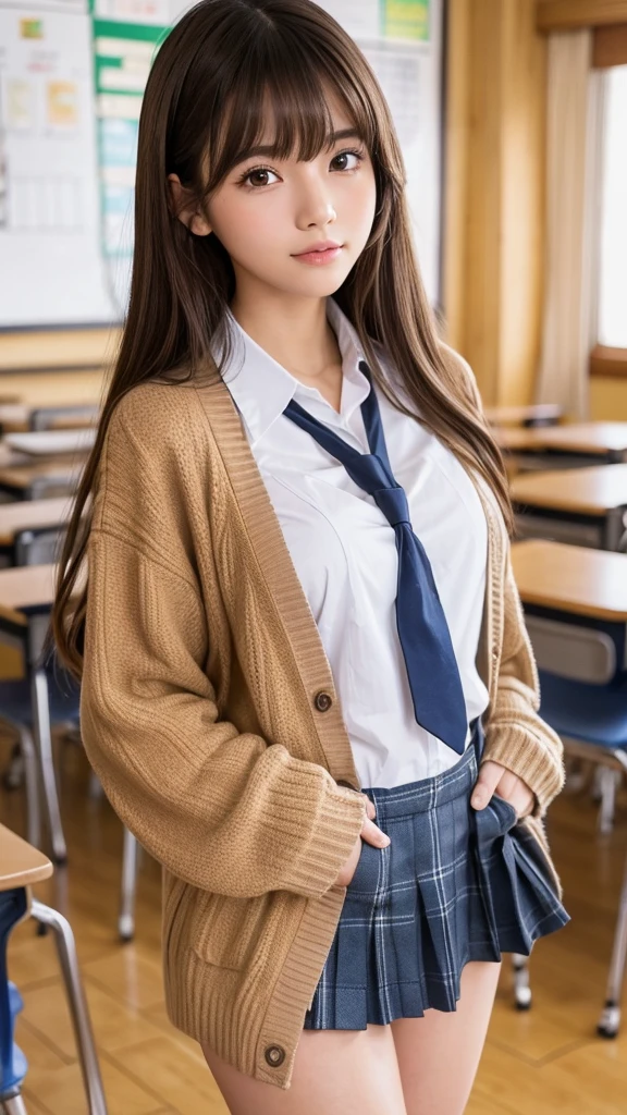 (photo practical:1.4), (hyper practical:1.4), (practical:1.3), (Smoother lighting:1.05), (Improving the quality of cinema lighting:0.9)、Natural light、Professional photos, practical portrait,(Japanese beautiful girl、18-year-old high school student),, Beautiful face and eyes, Very cute face, smile, vitality, vitality, (A sexy uniform with a wide open chest:1.2、The chest is open wide and her breasts are exposed、Her clothes are open and her naked body is visible、Showing her boobs、very beautiful small breasts、Beautiful cherry-colored areola、Erect nipples、Small butt、Shaved),The hem is short and the lower half of the body is visible、No underwear、  (Chest Schoolgirl:1.4),  (district), Portrait of sexy girl, (View from below:1.2)、School classroom、During class、No underwear、No underwear、No bra、topless、Upper body naked