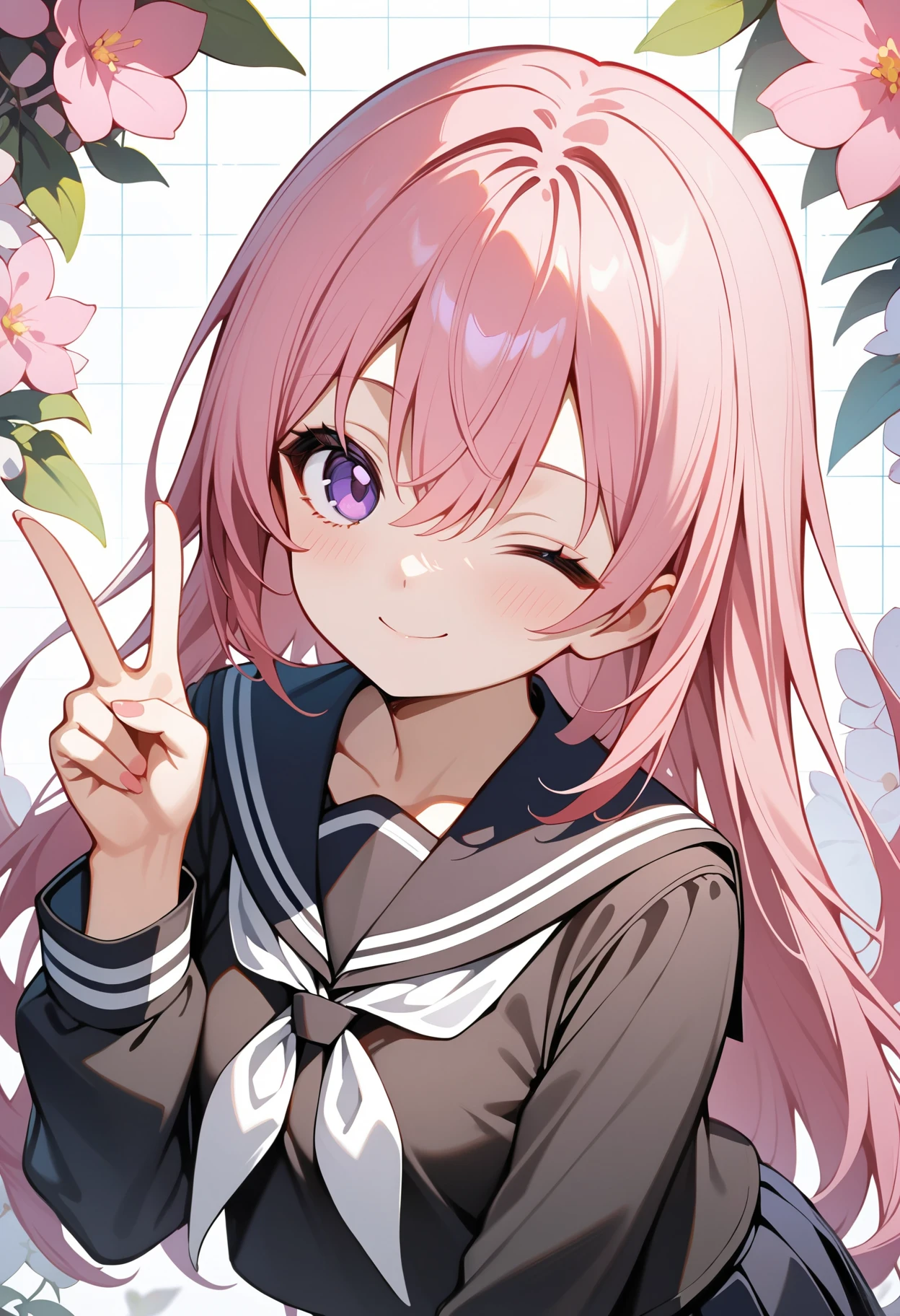 best quality, amazing quality, great quality, absurdres, 1girl, solo, pink hair, purple eyes, hair between eyes, long hair, black sailor collar, black skirt, school uniform, serafuku, white neckerchief, standing, v, upper body, looking at viewer, floral background, one eye closed, smile, closed mouth, grid background,sex,pennis