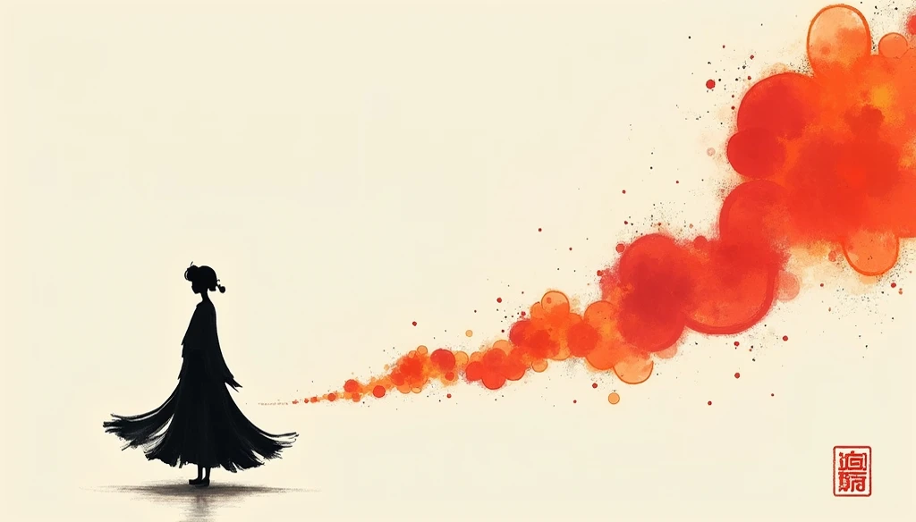 中国Ink Painting, Gray and White, Minimum,White background,The Trail, Minimalism,  Huge negative space, Ink Painting, Abstract，Blood-stained sunset，A person dancing in the rain