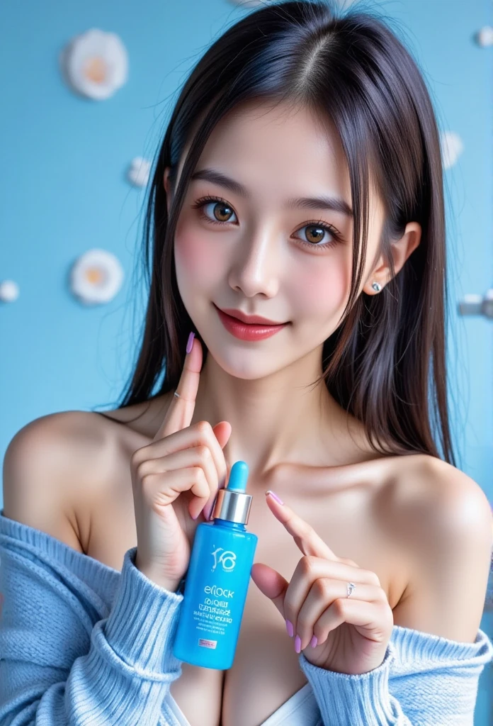 A young woman with a radiant and clear complexion, holding a blue skincare product bottle in her hand. She has sleek, straight dark hair and is wearing a soft blue sweater with one shoulder exposed, giving a casual and stylish look. She poses playfully, pointing with one finger while smiling softly. The background is a solid pastel blue, creating a clean, fresh, and professional atmosphere. Studio lighting, high detail, vibrant colors, perfect for modern beauty and skincare product campaigns.