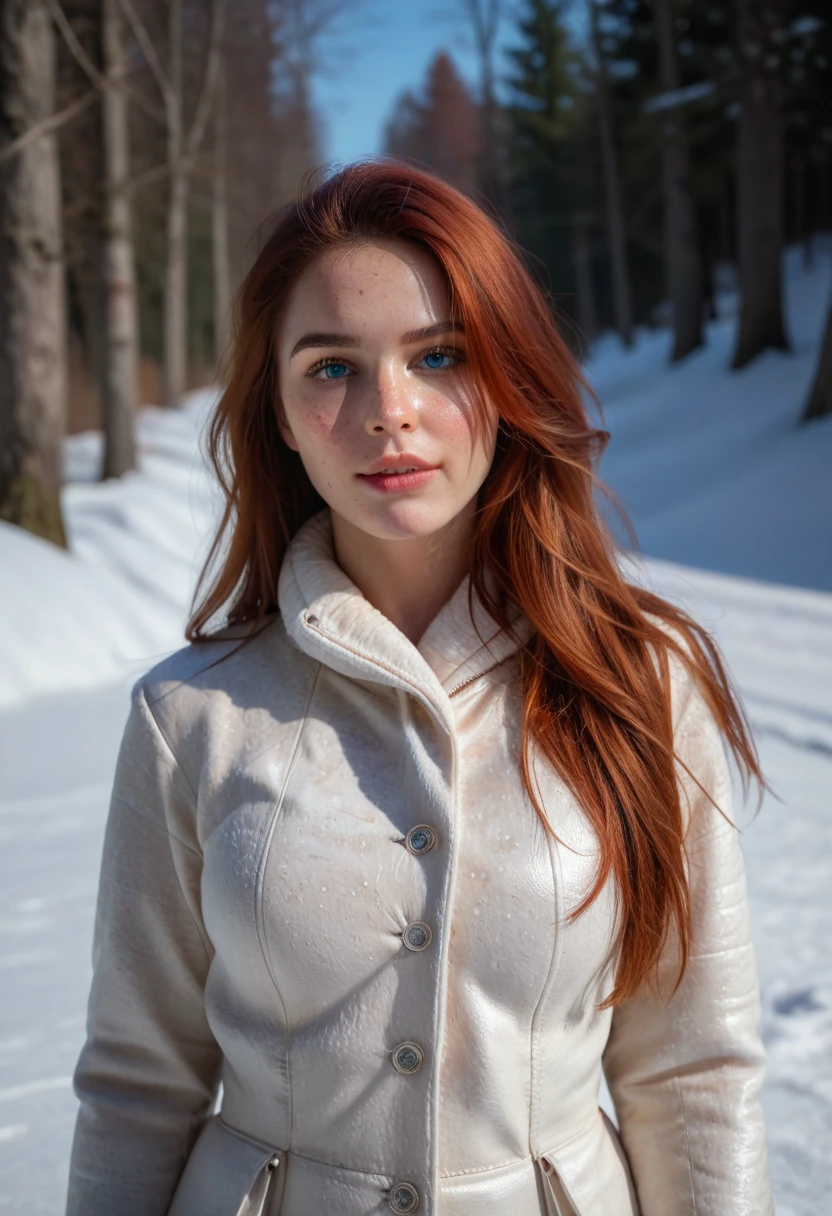 score_9, score_8_up, score_7_up, (snow, realism, shadows, real colors, real human, alone, winter), women, blue eyes, auburn hair, perfect face, perfect, ultra sharp, perfect skin, skin details, white leather clothing, Freckles, European face, natural expression, masterpiece, realistic, Cold Clothes, (White Clothes), realistic face, realistic eyes, expressive, detailed weather, natural happy 