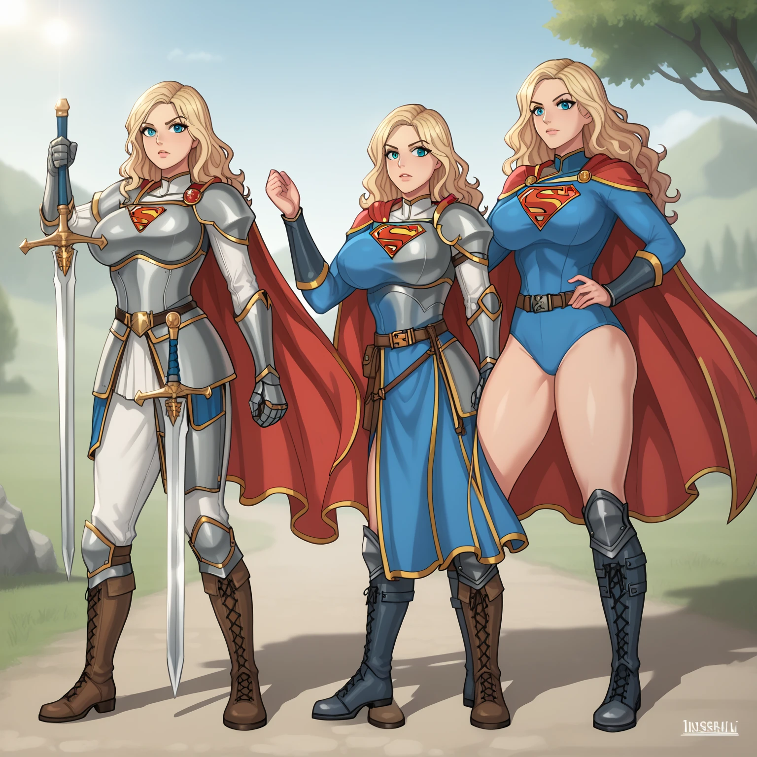 Supergirl warrior champion in paladin clothing,  voluptuous body , medieval, isekai,  long wavy hair, split hair style,  full armor with cape , High combat boots , sword