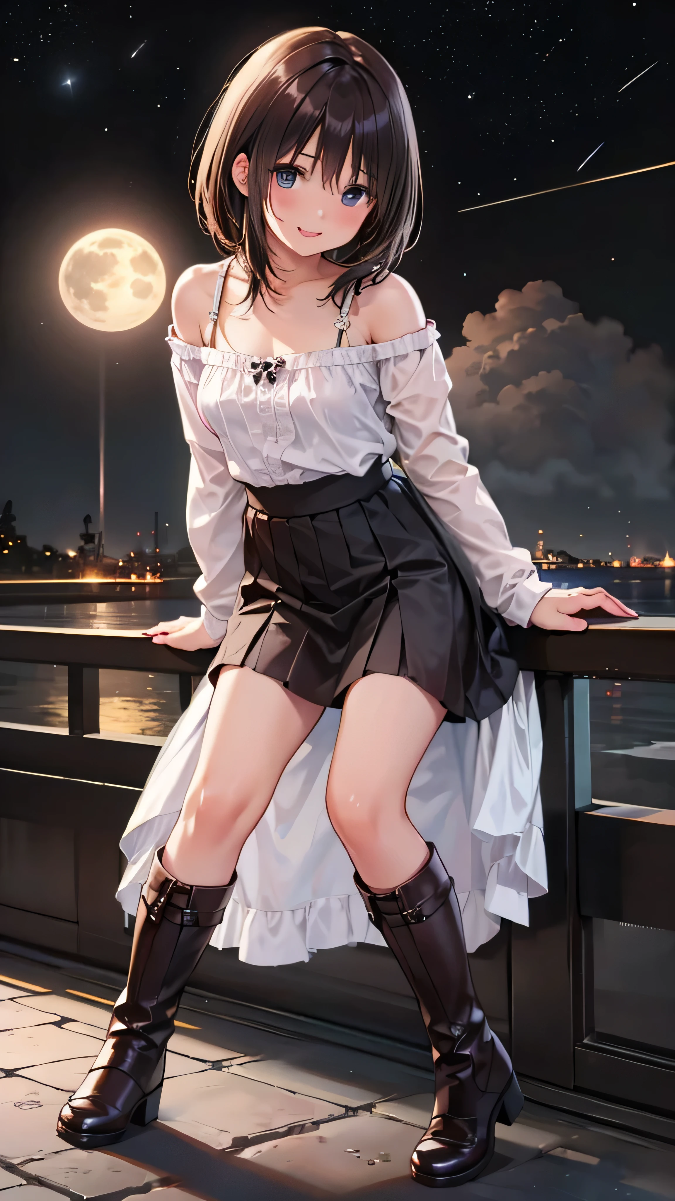  very detailed, ((( very detailed目と顔))), Realistic Portrait , ( best quality, masterpiece,  high definition ), ( high definition スキン: 1.2),  8K ultra HD,  Background Blurred , smile, Get excited,  one woman, midnight,  absurd, (abyss), Dark Background,  black background, Reflection of light, full moon, meteor shower, starry sky, tiered skirt, lace tops,  long boots,  flat chested,  dynamic angle