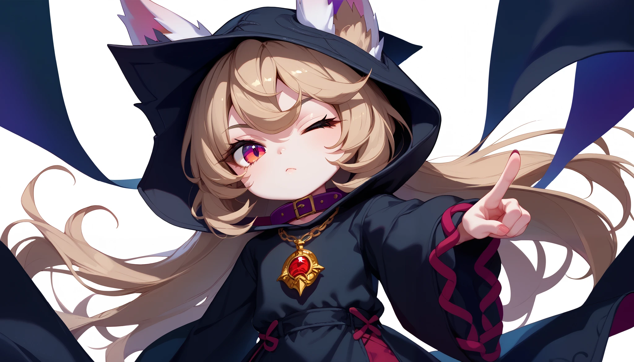 (masterpiece:1.3), (best quality:1.3), (very detailed), (anime style:0.1), game cg, anime coloring,((simple white background)),VexLoLXL,big eyes,yordle,shortstack,red eyes,((light brown hair,bangs,long hair)),shiny_skin,white_skin,white skin,black hood,hood up,ears through headwear,white animal ears,black shirt,purple collar,(gold pendant top,red jewelry),long sleeves,black dress,long dress,bare hands,((solo)), 1girl,((cowboy shot,looking at viewer)), ((Pointing out)), one eye closed