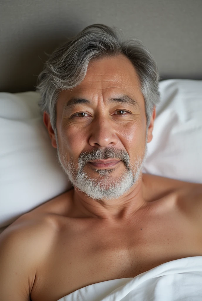illustrates a 50 year old king bare-chested wearing a sarong while sleeping