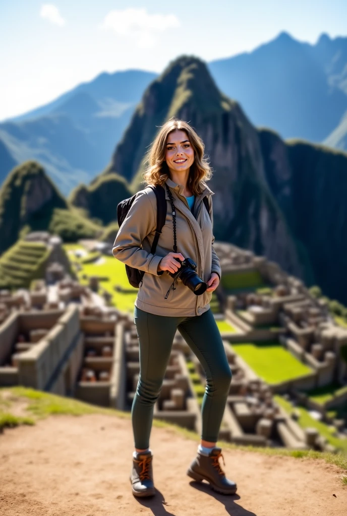 Alex Sheffield, the intrepid explorer, stood atop Machu Picchu in her camouflaged long-sleeve shirt and durable cargo shorts, with a well-worn backpack cradled on her shoulder; her blonde hair cascaded down her back, while her parted lips framed a breathtaking view as the first rays of dawn caressed the ancient stone city, revealing blue eyes that held reverence for its history, amidst a sea of azure and white. <lora:uhnmki18f2137cf73n183:1>