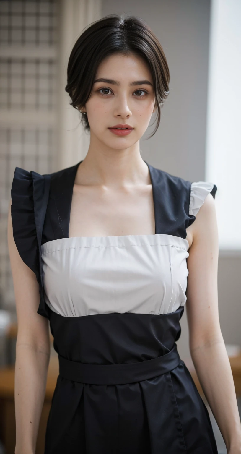 1 girl, Slim girl, Japanese,mesh,Monastic uniform,Black Hair,Narrow brown eyes,Very droopy eyes,Thick lips,Large Breasts, Shortcuts, Bangs,