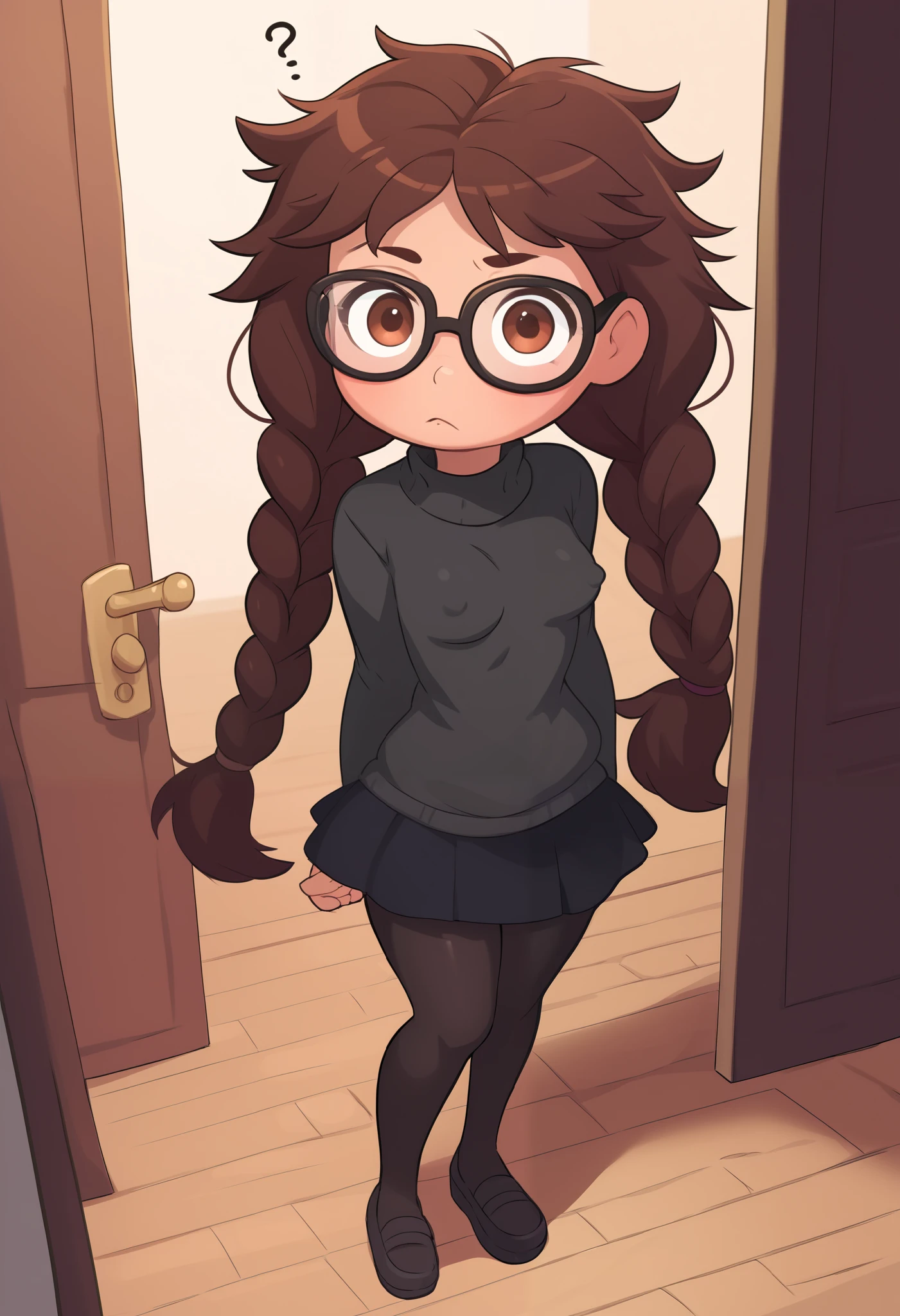 Small girl, young, full body, (solo 0.6), dark brown hair, braids, twintails, messy braids, puffy hair, messy hair, very long hair, brown eyes, skinny body, slender body, thin waist, small breasts, indoors, (solid black sweater 0.9), black sweater, solid black skirt,  black clothing, medium length skirt, knee length skirt, black pantyhose, glasses, opening door, confused face, pov, looking up at you, big eyes, hard erect nipples, cute, ( pixar style 0.5)