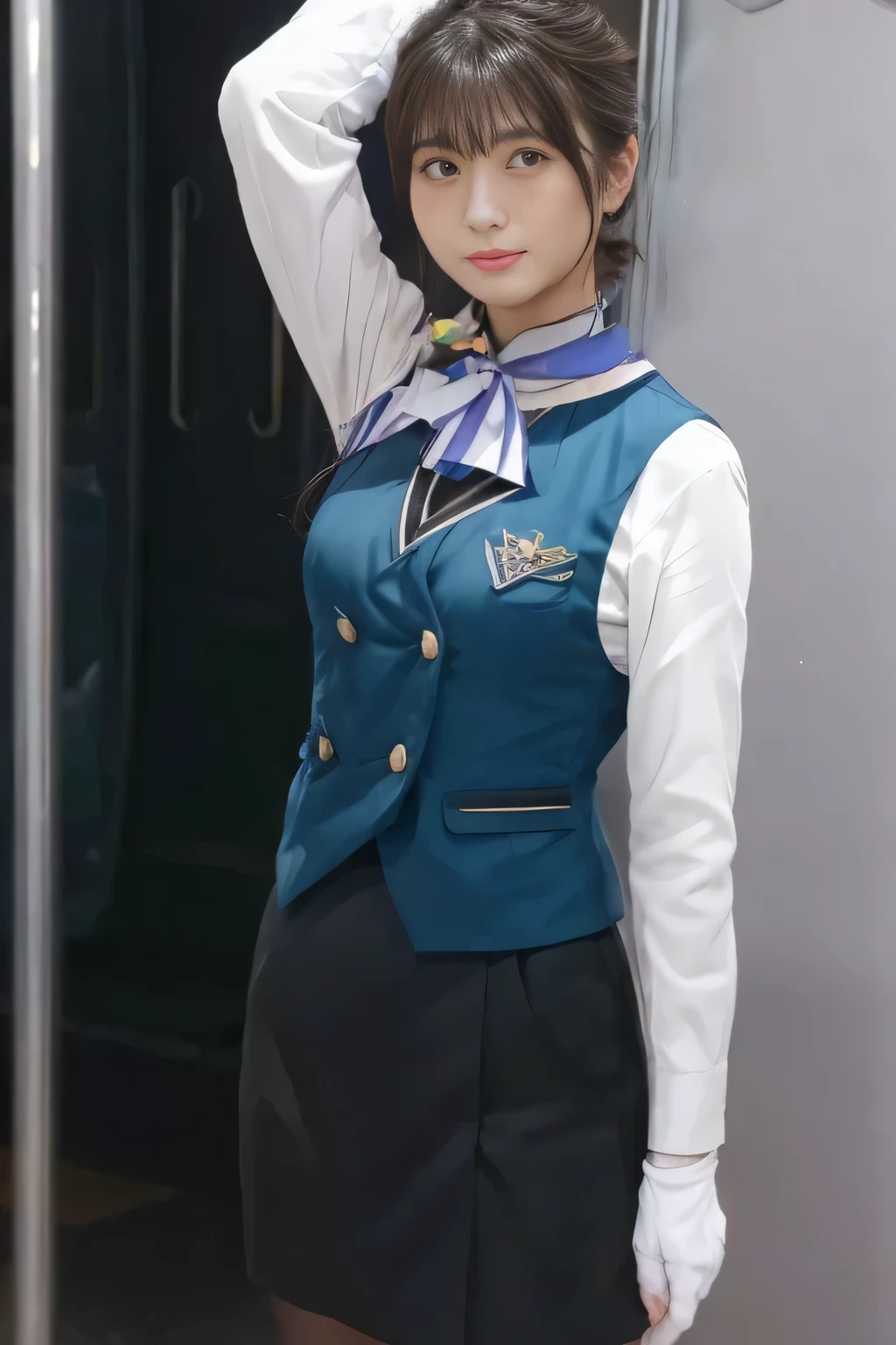 (  Masterpiece :1.2,   best quality:1.2), 32kHDR,   kampala, (Alone、   1 girl)、（what 、  Professional Writing ）、In-flight background、（Nankai Train crew uniformを着たリアルなスタイル）、（（Nankai Train crew uniformのグリーンのベスト））、（（ Nankai Train Crew Uniform Collarless White Long Sleeve Blouse）） 、（（Nankai Train Crew Uniform Culotte Skirt  、Scarf around the neck））、   lots of dark brown hair  、（  long hair、Hair tied up、Hair tied up）、   lots of dark brown hair  、 Long Hit 、Big Breasts、Thin legs、（（ amazing hands：2.0）），（（  Harmonious physique  ：1.5）），（（Normal limbs：2.0）），（（Usually ：2.0）），（（  delicate eyes ：2.0）），（（Normal eyes：2.0））)、smile、（Nankai Train crew uniformを着た美しい姿）、Hands crossed underneath 