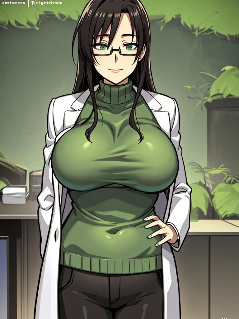 art by kipteitei, hasegawa chisato, green sweater, white lab coat, black glasses, black pants, large breasts, skinny, intimate, looking to the right, gentle smiling face, in nature, cartoon, hands behind body, no extra details, no extra fingers, 1girl, 25-years-old