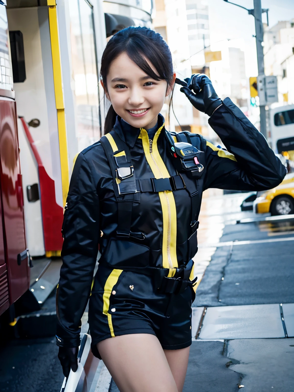 (Very real), ( best quality), ((round,  SMALL AND PRECISE FACE )), shiny skin,  Shiny Skin , Wide Hips , girl with a thin waist 1,Yokozaki beauty々,black Gloves, watch , dark eyes,short Shorts,black Shorts,  long boots, Gloves,  ponytail, jacket,Shorts,  black hair, shorthair,smile,   heart mark in the eye, (  heart mark in the eye hands:1.3)