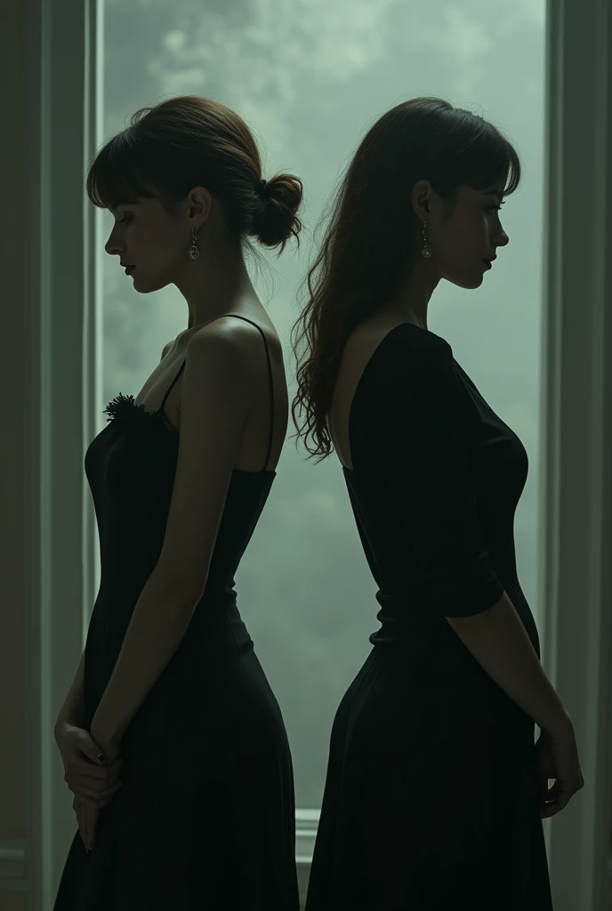 Two women in a dark space silhouette