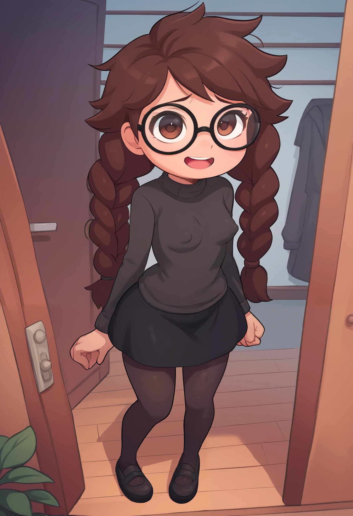 Small girl, young, full body, (solo 0.6), dark brown hair, braids, twintails, messy braids, puffy hair, messy hair, very long hair, brown eyes, skinny body, slender body, thin waist, small breasts, indoors, (solid black sweater 0.9), black sweater, solid black skirt,  black clothing, medium length skirt, knee length skirt, black pantyhose, glasses, opening door, sad, sad eyes, open mouth smile, pov, looking up at you, big eyes, hard erect nipples, cute, ( pixar style 0.5)