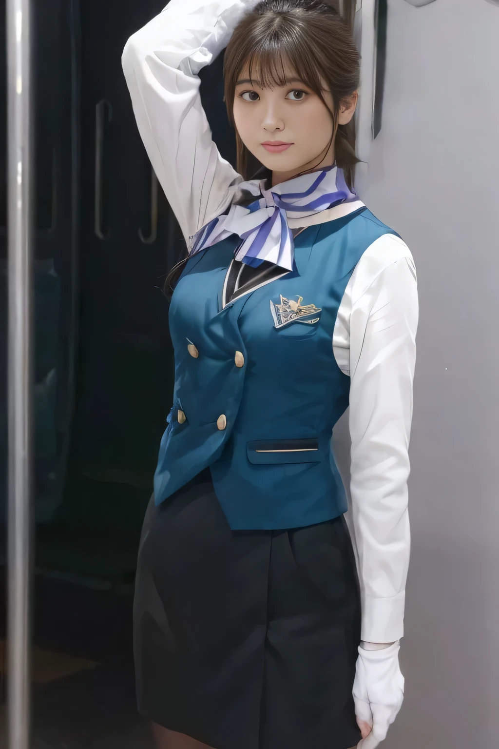 (  Masterpiece :1.2,   best quality:1.2), 32kHDR,   kampala, (Alone、   1 girl)、（what 、  Professional Writing ）、In-flight background、（Nankai Train crew uniformを着たリアルなスタイル）、（（Nankai Train crew uniformのグリーンのベスト））、（（ Nankai Train Crew Uniform Collarless White Long Sleeve Blouse）） 、（（Nankai Train Crew Uniform Culotte Skirt  、Scarf around the neck））、   lots of dark brown hair  、（  long hair、Hair tied up、Hair tied up）、   lots of dark brown hair  、 Long Hit 、Big Breasts、Thin legs、（（ amazing hands：2.0）），（（  Harmonious physique  ：1.5）），（（Normal limbs：2.0）），（（Usually ：2.0）），（（  delicate eyes ：2.0）），（（Normal eyes：2.0））)、smile、（Nankai Train crew uniformを着た美しい姿）、Hands crossed underneath 