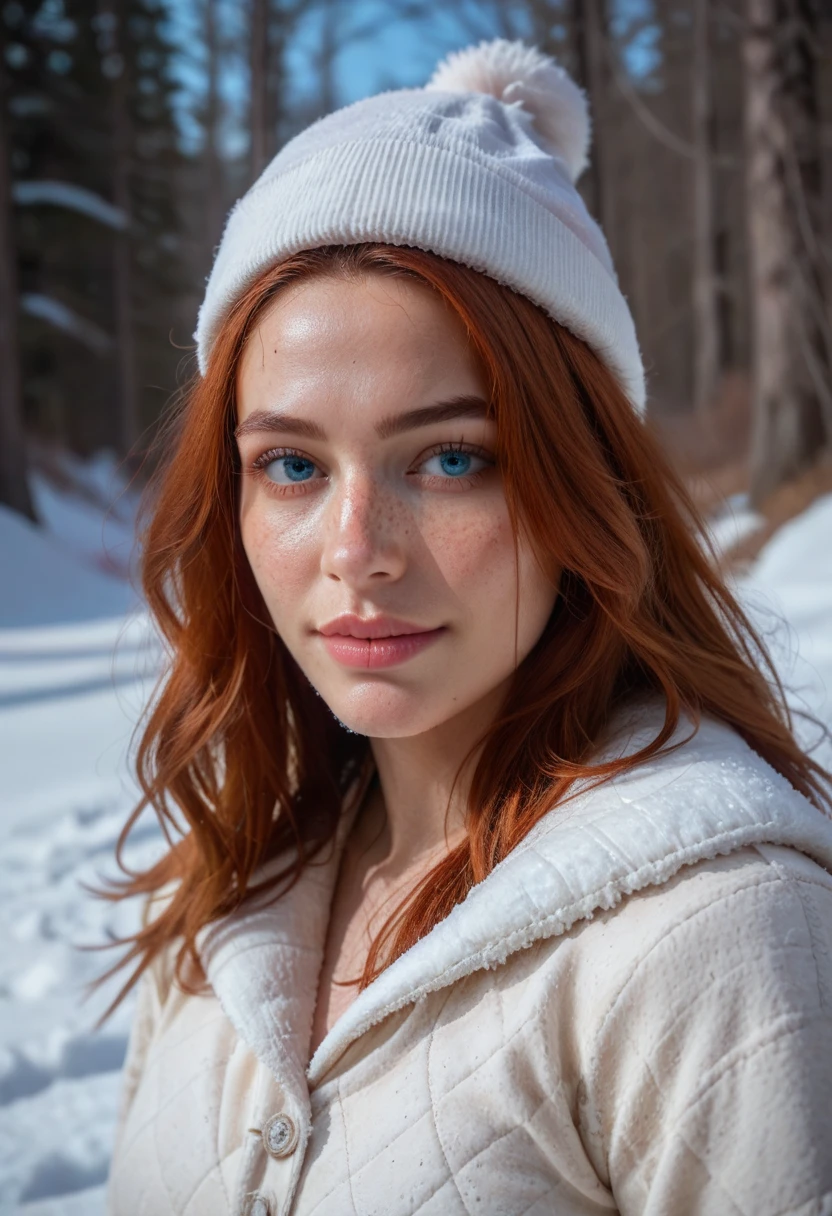 score_9, score_8_up, score_7_up, (snow, realism, shadows, real colors, real human, alone, winter), women, blue eyes, auburn hair, perfect face, perfect, ultra sharp, perfect skin, skin details, white leather clothing, Freckles, European face, natural expression, masterpiece, realistic, Cold Clothes, (White Clothes), realistic face, realistic eyes, expressive, detailed weather, natural happy 