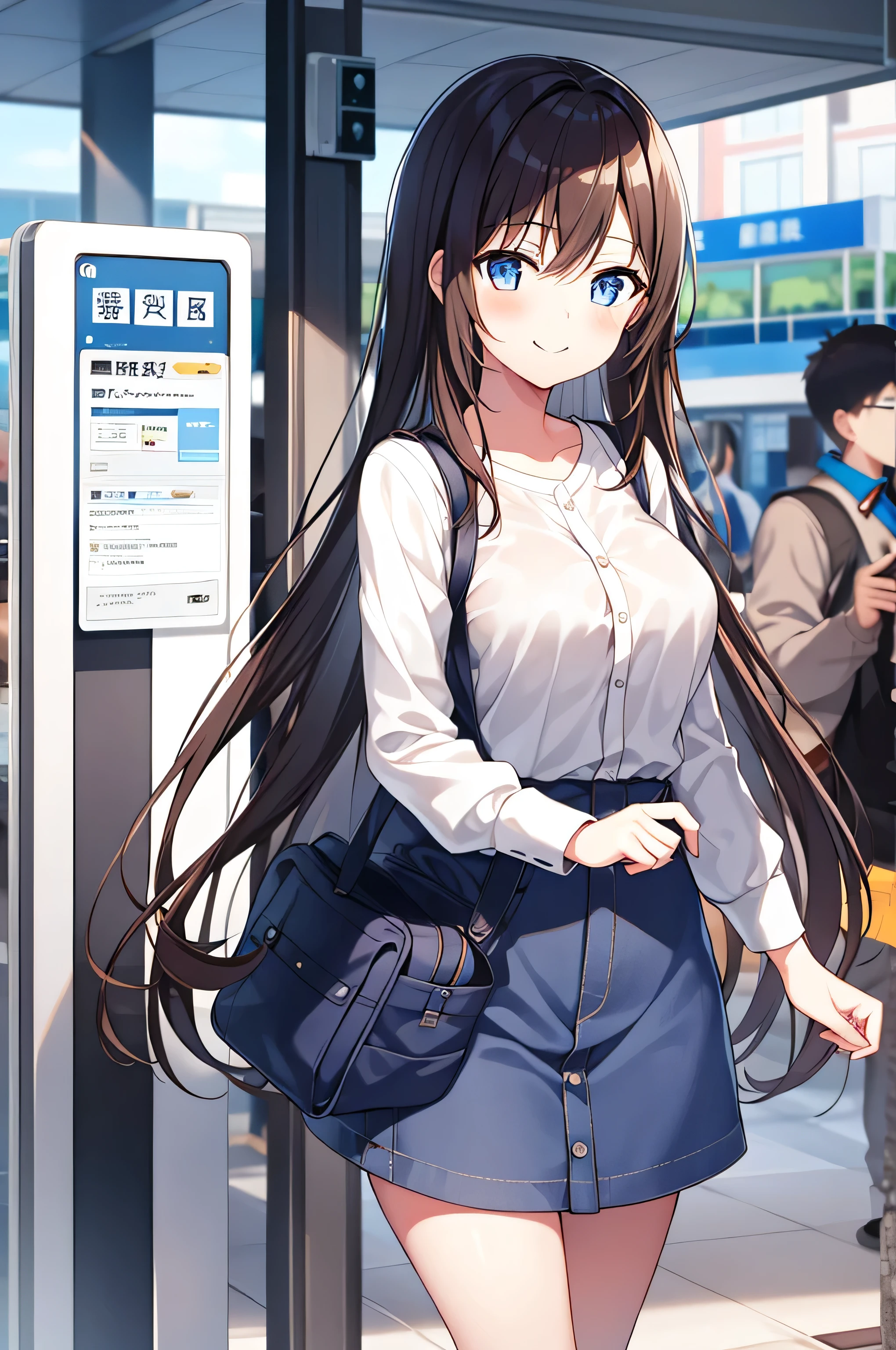  1 girl, nakaNo._future,   Unique , Scantily clad, ,  blue_ have eyes , brown_hair, Long_hair, hair_between_ have eyes , White_, _clothing, White_ Background and  , station，metro station，bus station，Watching_Shown in_ Use the following method to view viewerackground, shirt, sit, Deactivate_, Umbilical cord, No._OK, White shirt ,  use the following method to view viewerackground through bangs , Long_sleeve, Large target_, medium_,  open shirt, Blushing,Smile，Open your mouth，nipple，Protrusion of the nipple，肚Umbilical cord，