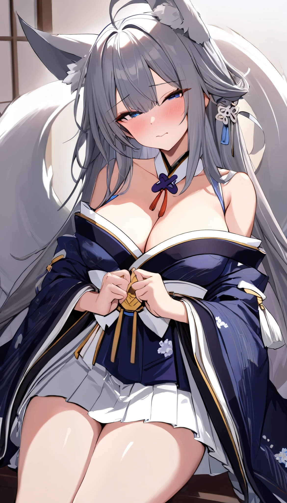 1girl,solo, newest, highres, absurdres, highly detailed, best quality,
embarrassed, open mouse, fang, shinano \(azur lane\), japanese clothes, blue kimono,
score_9, score_8_up, score_8,source_anime,