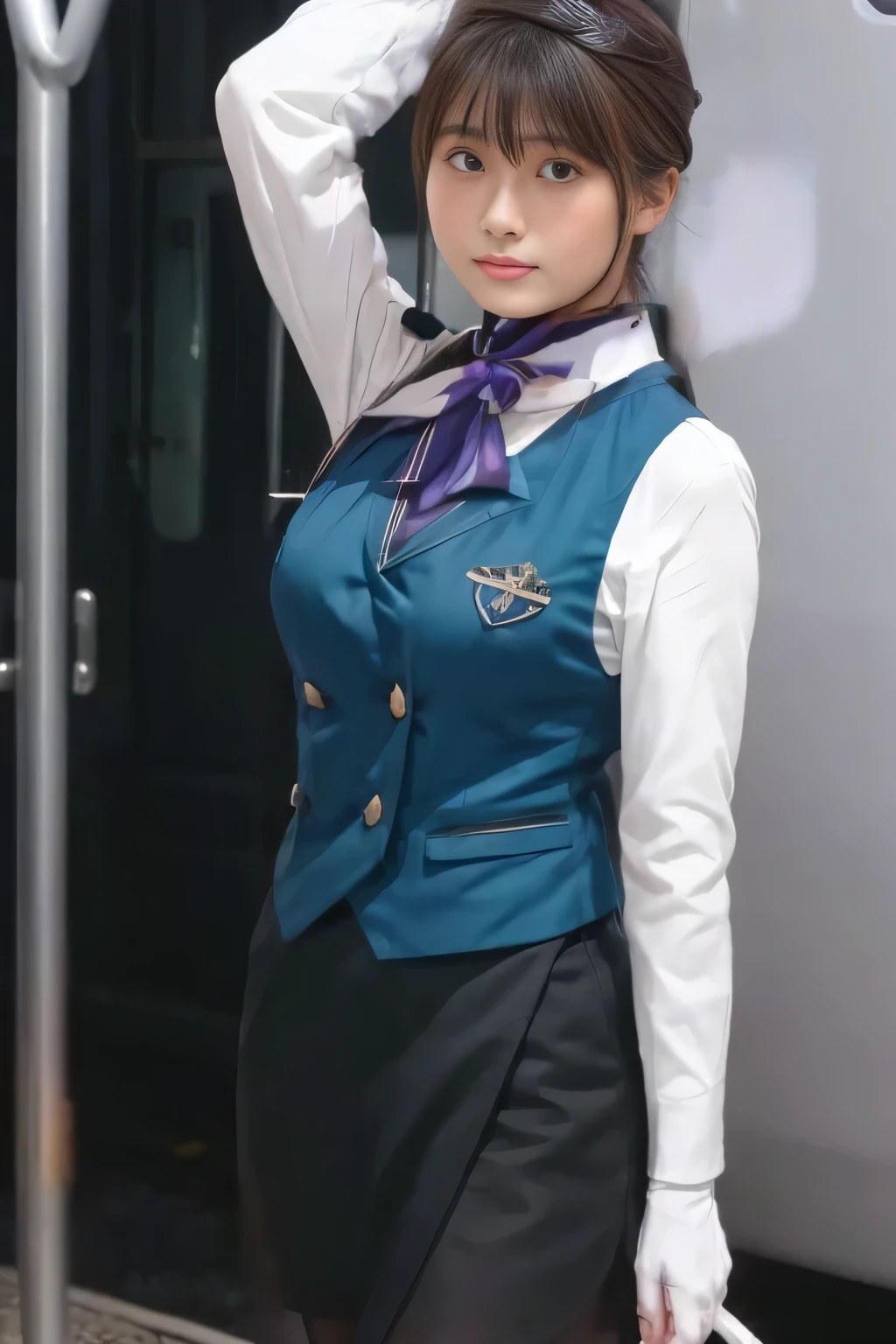 (  Masterpiece :1.2,   best quality:1.2), 32kHDR,   kampala, (Alone、   1 girl)、（what 、  Professional Writing ）、In-flight background、（Nankai Train crew uniformを着たリアルなスタイル）、（（Nankai Train crew uniformのグリーンのベスト））、（（ Nankai Train Crew Uniform Collarless White Long Sleeve Blouse）） 、（（Nankai Train Crew Uniform Culotte Skirt  、Scarf around the neck））、   lots of dark brown hair  、（  long hair、Hair tied up、Hair tied up）、   lots of dark brown hair  、 Long Hit 、Big Breasts、Thin legs、（（ amazing hands：2.0）），（（  Harmonious physique  ：1.5）），（（Normal limbs：2.0）），（（Usually ：2.0）），（（  delicate eyes ：2.0）），（（Normal eyes：2.0））)、smile、（Nankai Train crew uniformを着た美しい姿）、Hands crossed underneath 