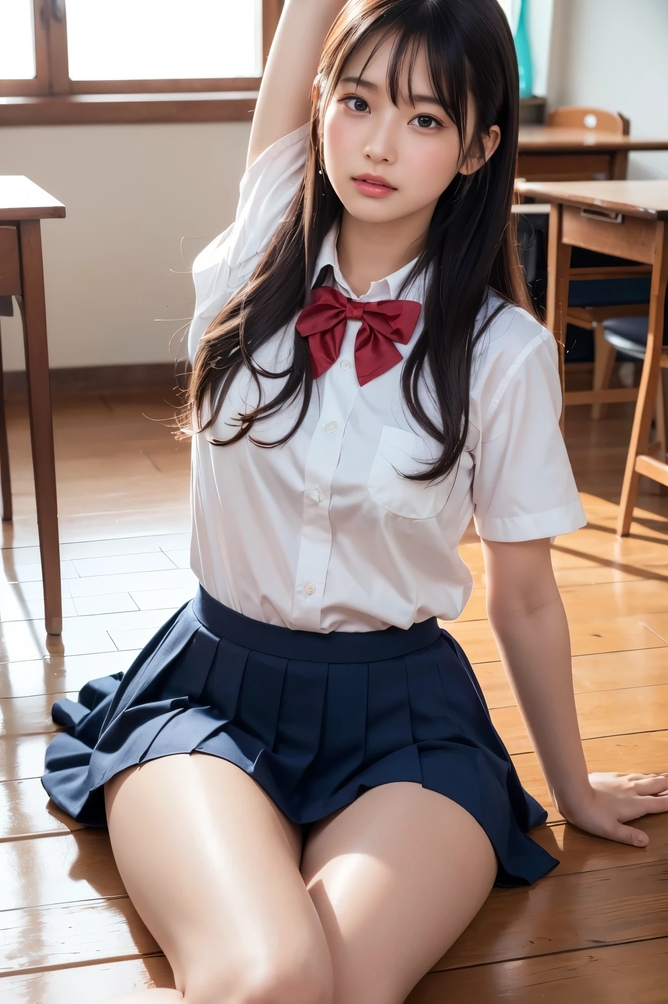 (masterpiece:1.2), Japanese, (), (a girl),  room, (pretty school uniform), thighs, on a bed, , 