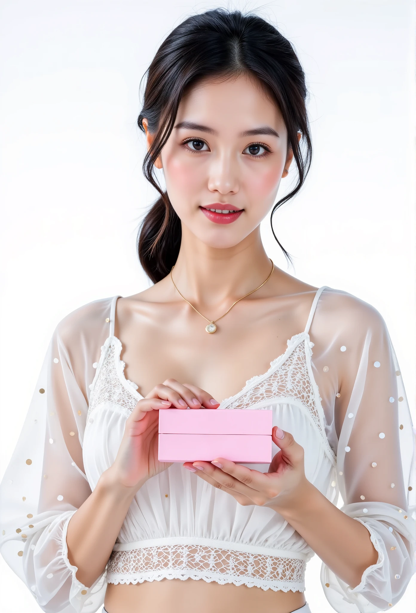 A sophisticated young woman with sleek black hair tied back into a low ponytail, exuding elegance and confidence. She is wearing a delicate white blouse with sheer polka-dot sleeves and lace details, holding a pink product box with both hands, showcasing it gracefully. Her expression is poised and friendly, with a subtle smile. The background is clean and minimalistic, pure white, creating a professional and high-end promotional look. Studio lighting, high detail, perfect for luxury product advertisements or beauty campaigns.