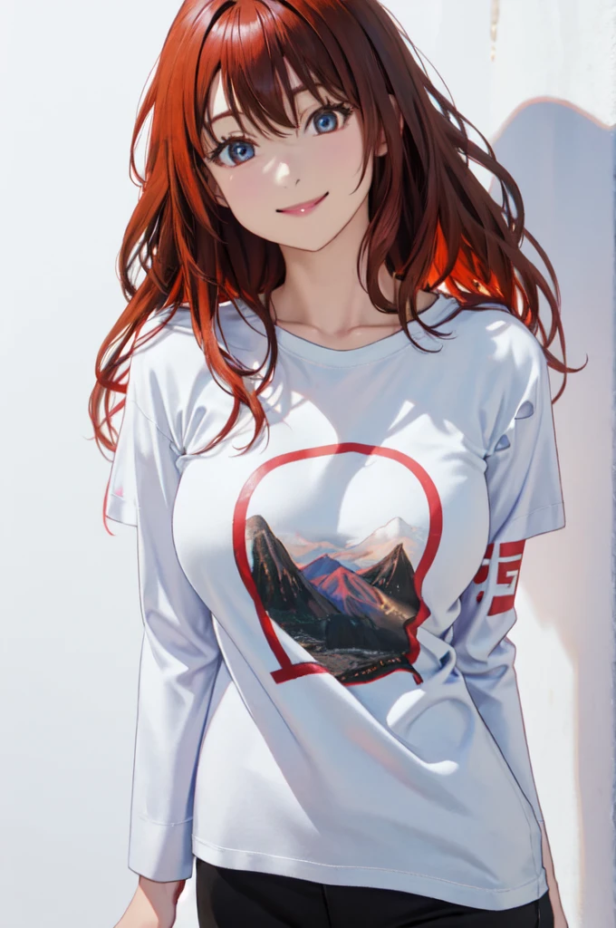 (cel anime:1.3)、(super fine illustration:1.3)、(masterpiece:1.3)、(best quality:1.3)、ultra detailed、High resolution、(depth of fields)、(Detailed eye)、(detailed facial features)、(Detailed fingers)、(detailed clothes features)、HDR、8K、skin tightening、(shinny skin)、landscapes、lovely、(upper body)、(dynamic composition)、(spread arms, hands outside frame)、1 woman、Japanese、23 years old、(Blue eyes)、(light red hair)、(semi long hair)、(oni little black horns)、hair blowing in wind、Looking away、(Happy smile)、(t-shirt:1.4)、(white panties:1.4)、white teeth、Shine with colored light、(Fairy-tale japanese castle perched on a misty hilltop)、