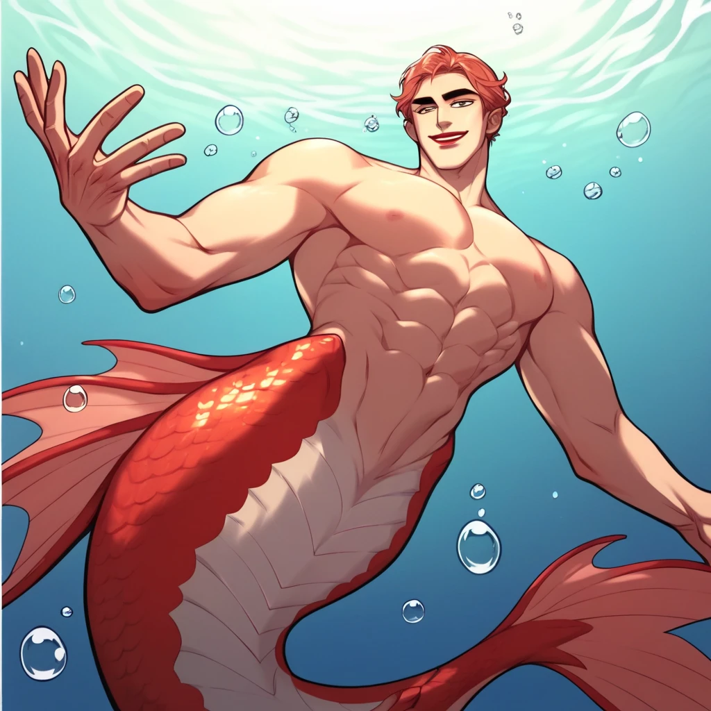 Solo, alone, 1male, Muscle Body Male, merman, merman tail below waistline, scales merman tail, underwater, smile, red lips,