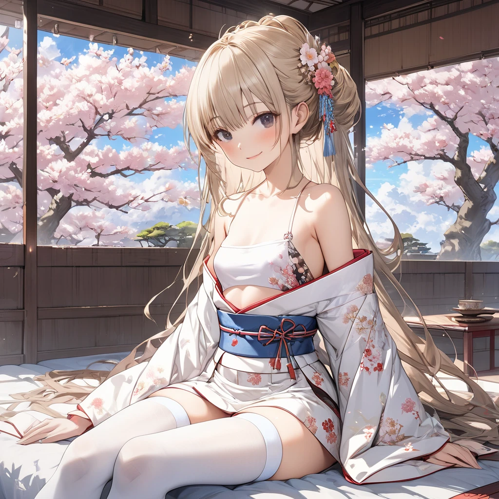 a blond、red eyes、Beautiful girl alone、A sexy、Princess Cut、Floral kimono、Western-style castle、Meticulous feet、Beautifully aligned fingers
