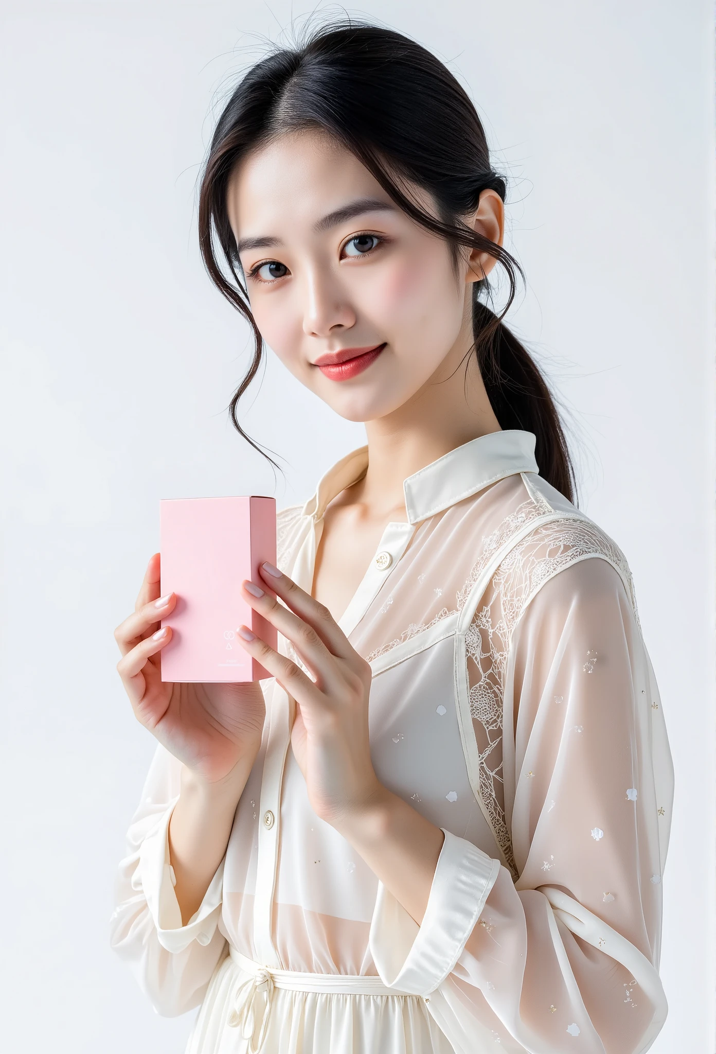 A sophisticated young woman with sleek black hair tied back into a low ponytail, exuding elegance and confidence. She is wearing a delicate white blouse with sheer polka-dot sleeves and lace details, holding a pink product box with both hands, showcasing it gracefully. Her expression is poised and friendly, with a subtle smile. The background is clean and minimalistic, pure white, creating a professional and high-end promotional look. Studio lighting, high detail, perfect for luxury product advertisements or beauty campaigns.