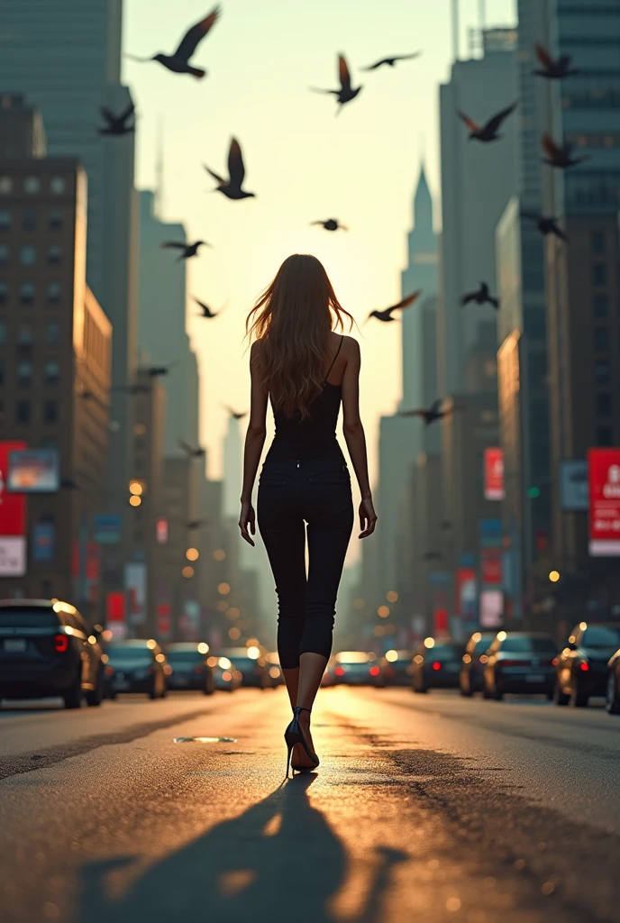 ((Masterpiece, Top Quality, High Resolution, Photorealistic, Extremely detailed CG unified 8k wallpaper)), Woman walking in the city, view from above, bird's eye view, gazing at the woman's feet, high heels, shadows of birds flying on the asphalt, depth of field, motion blur, fisheye lens,