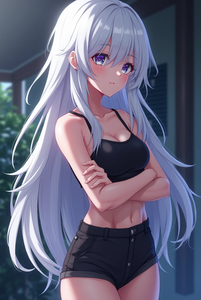 1girl, alone, Eiai Nano,outdoors, beach, looking at viewer, (masterpiece:1.2), best quality, high resolution, unity 8k wallpaper, (illustration:0.8), (perfect hands, perfect anatomy), (blush:1.5), shiny hair, shiny skin, medium breasts, nano eiai, grey hair, single braid, braided ponytail, long sidelocks, black purple bikini, halterneck, cleavage cutout, bare shoulders, large breasts, cleavage, navel, groin,, medium breasts, medium waist, wide hips, medium thighs, good anatomy, good hands