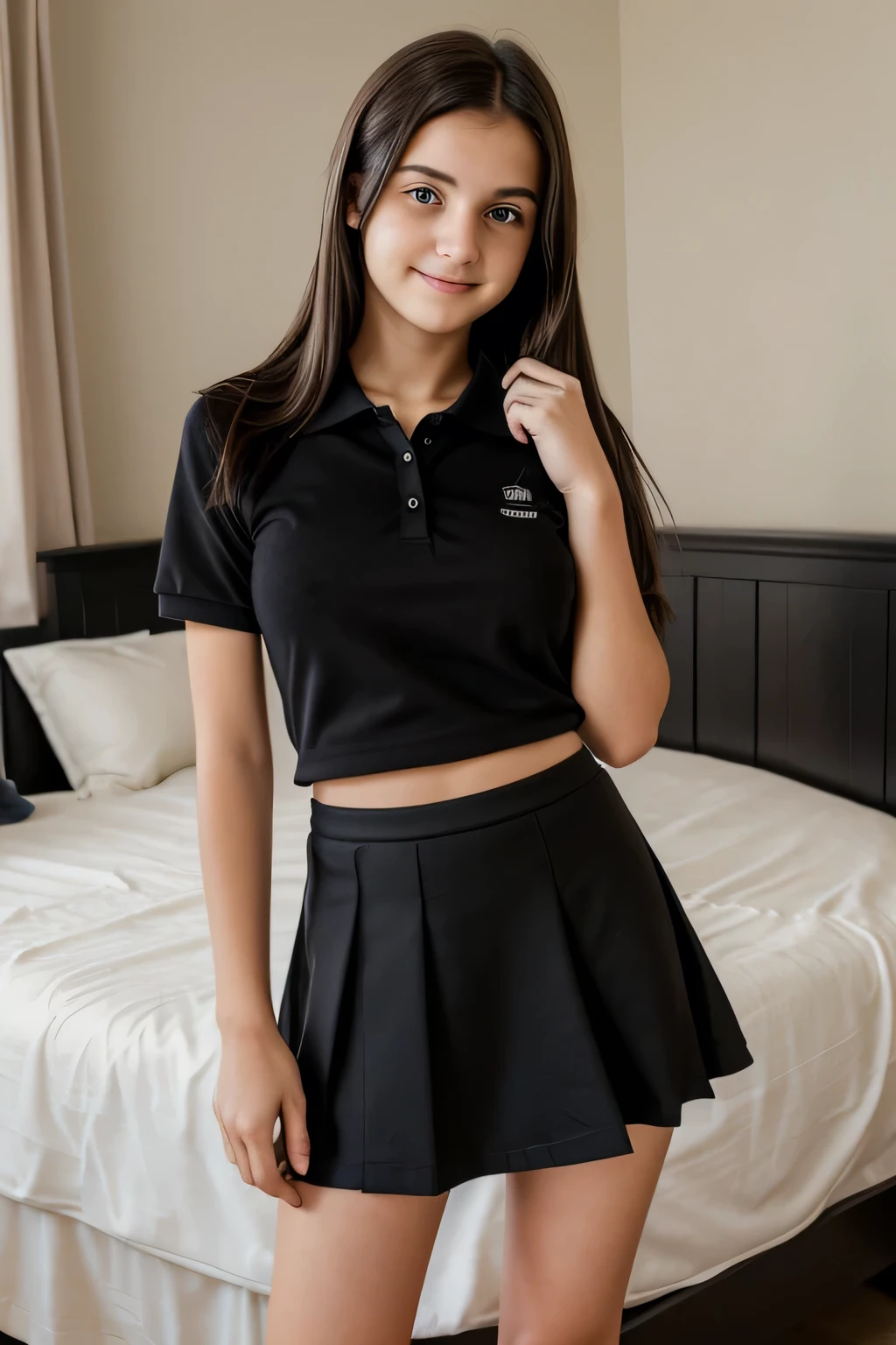 High quality shy and timid, cute, dirty  girl,(photo quality) masterpiece, 4k high res, shy pose, black knee length school skirt, and a plain polo shirt, teasing,  hair middle part, ((embarrassed)) relaxed in her bed (arms crossed) (black skirt) turned on, perky breasts, amused