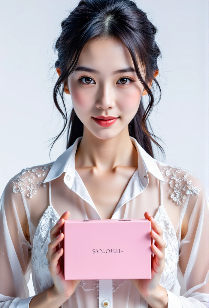 A sophisticated young woman with sleek black hair tied back into a low ponytail, exuding elegance and confidence. She is wearing a delicate white blouse with sheer polka-dot sleeves and lace details, holding a pink product box with both hands, showcasing it gracefully. Her expression is poised and friendly, with a subtle smile. The background is clean and minimalistic, pure white, creating a professional and high-end promotional look. Studio lighting, high detail, perfect for luxury product advertisements or beauty campaigns.