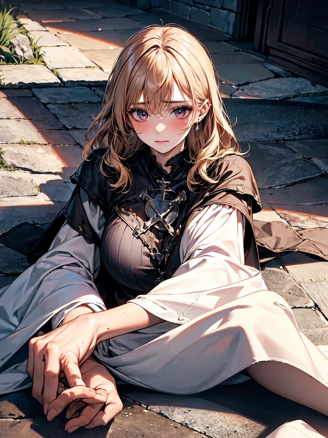 absurdres, RAW photo, extremely delicate and beautiful, masterpiece, Best Quality, ultra high resolution, 32k, hyperrealistic, ultra-detailed, 20 years old, detailed beautiful face, tearful mole, earring, very huge round breasts, short medium hair, wavy hair, wet clothes, (full body shot), alone, blonde hair, gauntlets, Joan of Arc, (surcoat), (cross armor), break ((torn clothes:1.2)), ((lying back on floor:1.3)),((missionary:1.3)),spreaded legs, Break in horror dark cave, break embarrassed, blush, defiant look, gazing,